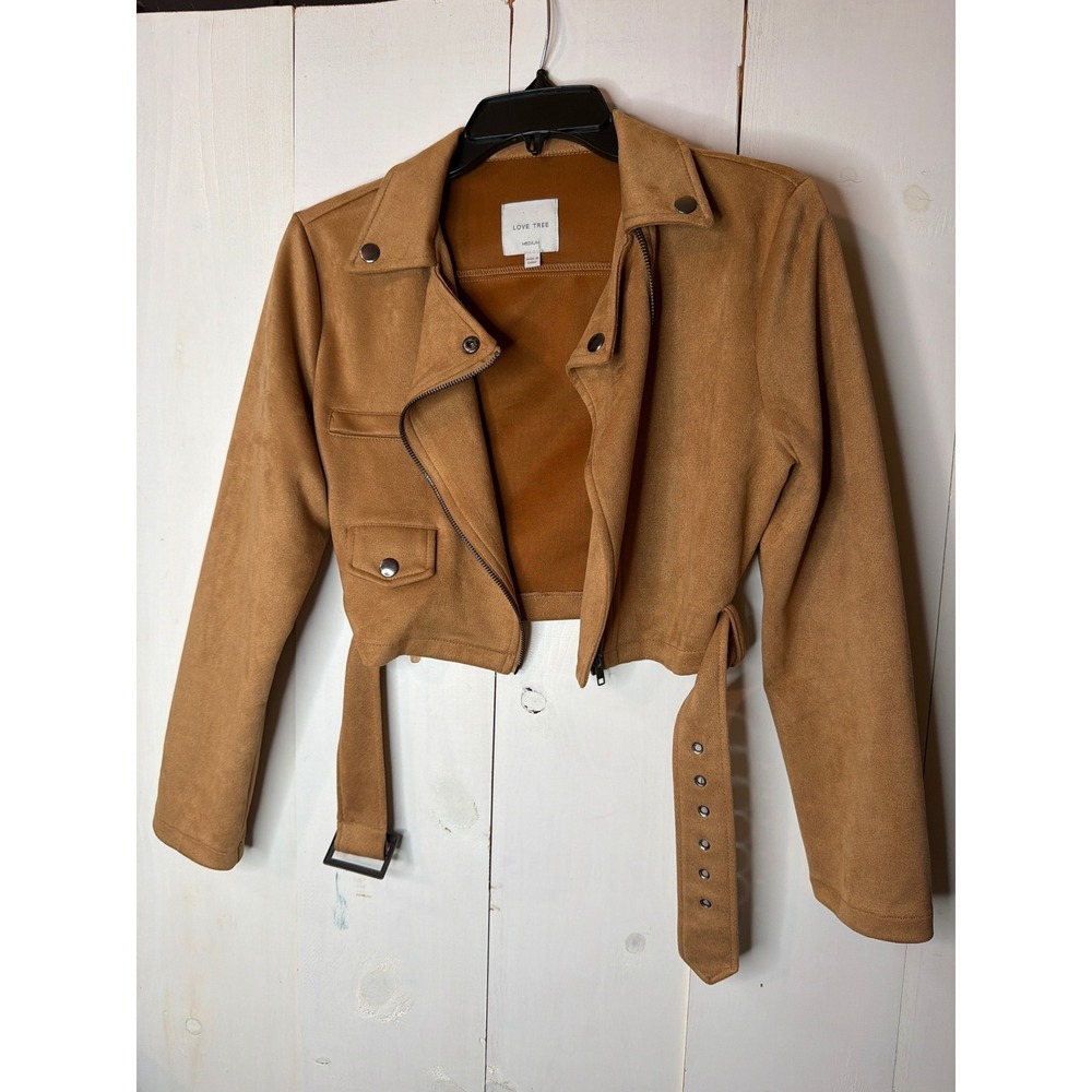 Love Tree Tan Faux Suede Cropped Moto Jacket Belted Camel Biker Medium